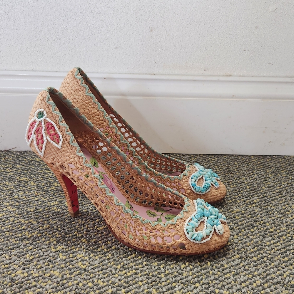 [Not Available For Sale] Betsey Johnson Vero Cuoio Turquoise Beaded Straw Pumps